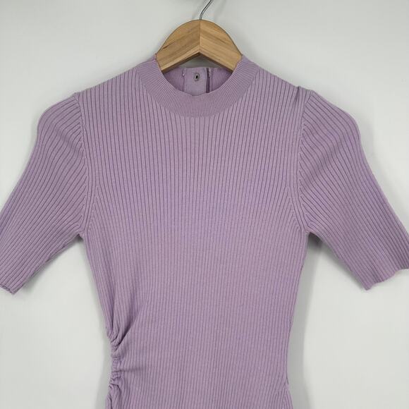 Maje Reine Dress Rib Knit Short Sleeve Mock Neck Fit and Flare Mini Light Purple - Picture 8 of 14